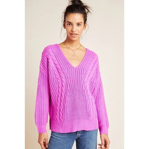 NWOT HEARTLOOM Evon Orchid Fuchsia Pink Cable Knit V-Neck Sweater, Size L - Picture 2 of 12